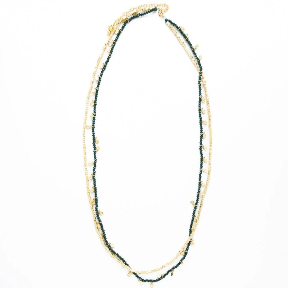 Ink + Alloy Milly Double Strand Crystal Necklace Brass + Green NWT